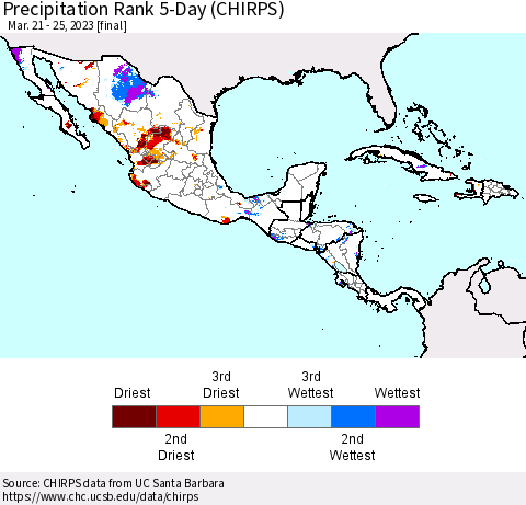 Mexico Central America and the Caribbean Precipitation Rank since 1981, 5-Day (CHIRPS) Thematic Map For 3/21/2023 - 3/25/2023