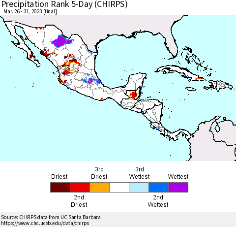 Mexico Central America and the Caribbean Precipitation Rank since 1981, 5-Day (CHIRPS) Thematic Map For 3/26/2023 - 3/31/2023