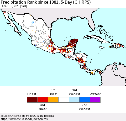 Mexico Central America and the Caribbean Precipitation Rank since 1981, 5-Day (CHIRPS) Thematic Map For 4/1/2023 - 4/5/2023