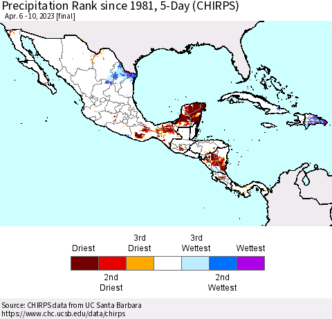 Mexico Central America and the Caribbean Precipitation Rank since 1981, 5-Day (CHIRPS) Thematic Map For 4/6/2023 - 4/10/2023