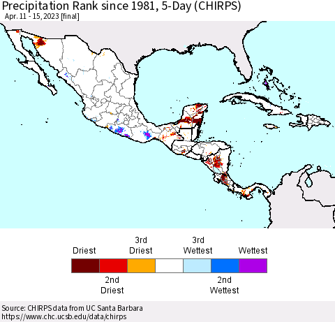 Mexico Central America and the Caribbean Precipitation Rank since 1981, 5-Day (CHIRPS) Thematic Map For 4/11/2023 - 4/15/2023