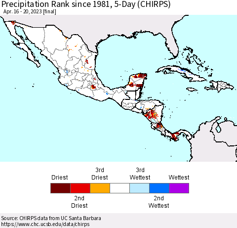 Mexico Central America and the Caribbean Precipitation Rank since 1981, 5-Day (CHIRPS) Thematic Map For 4/16/2023 - 4/20/2023