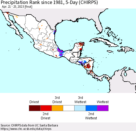 Mexico Central America and the Caribbean Precipitation Rank since 1981, 5-Day (CHIRPS) Thematic Map For 4/21/2023 - 4/25/2023