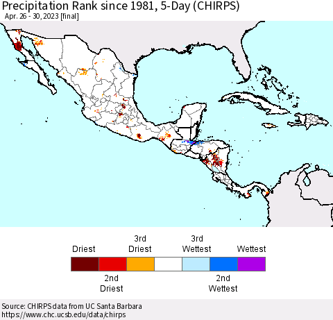 Mexico Central America and the Caribbean Precipitation Rank since 1981, 5-Day (CHIRPS) Thematic Map For 4/26/2023 - 4/30/2023