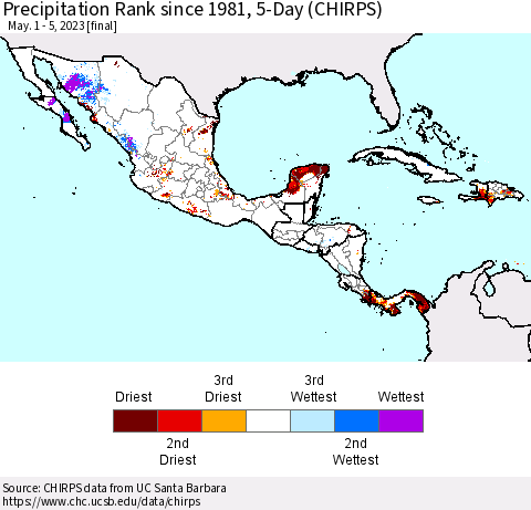Mexico Central America and the Caribbean Precipitation Rank since 1981, 5-Day (CHIRPS) Thematic Map For 5/1/2023 - 5/5/2023