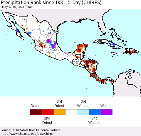 Mexico Central America and the Caribbean Precipitation Rank since 1981, 5-Day (CHIRPS) Thematic Map For 5/6/2023 - 5/10/2023