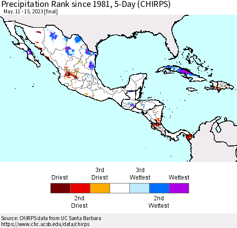 Mexico Central America and the Caribbean Precipitation Rank since 1981, 5-Day (CHIRPS) Thematic Map For 5/11/2023 - 5/15/2023