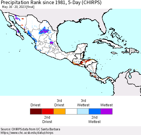 Mexico Central America and the Caribbean Precipitation Rank since 1981, 5-Day (CHIRPS) Thematic Map For 5/16/2023 - 5/20/2023