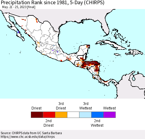 Mexico Central America and the Caribbean Precipitation Rank since 1981, 5-Day (CHIRPS) Thematic Map For 5/21/2023 - 5/25/2023