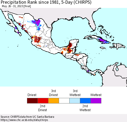 Mexico Central America and the Caribbean Precipitation Rank since 1981, 5-Day (CHIRPS) Thematic Map For 5/26/2023 - 5/31/2023