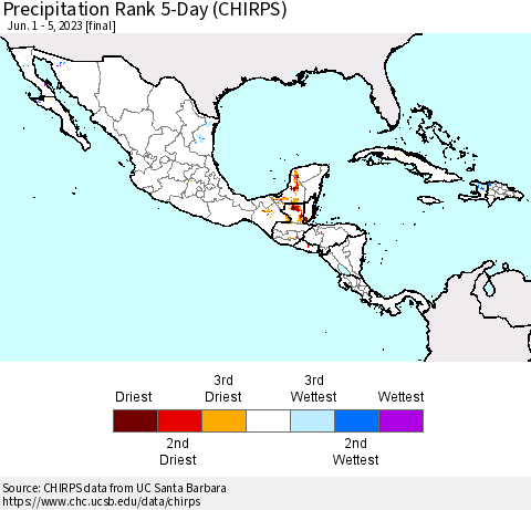 Mexico Central America and the Caribbean Precipitation Rank since 1981, 5-Day (CHIRPS) Thematic Map For 6/1/2023 - 6/5/2023