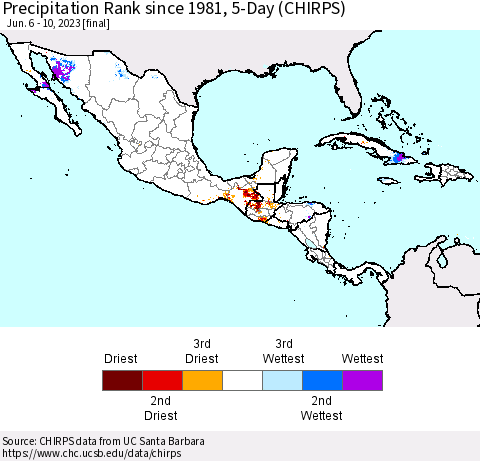 Mexico Central America and the Caribbean Precipitation Rank since 1981, 5-Day (CHIRPS) Thematic Map For 6/6/2023 - 6/10/2023