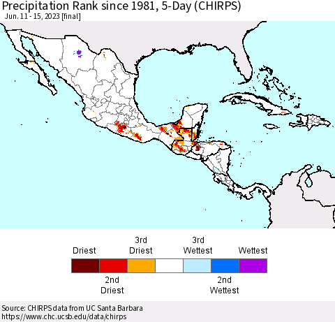 Mexico Central America and the Caribbean Precipitation Rank since 1981, 5-Day (CHIRPS) Thematic Map For 6/11/2023 - 6/15/2023