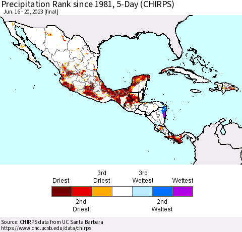 Mexico Central America and the Caribbean Precipitation Rank since 1981, 5-Day (CHIRPS) Thematic Map For 6/16/2023 - 6/20/2023