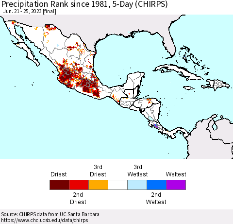 Mexico Central America and the Caribbean Precipitation Rank since 1981, 5-Day (CHIRPS) Thematic Map For 6/21/2023 - 6/25/2023