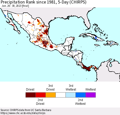 Mexico Central America and the Caribbean Precipitation Rank since 1981, 5-Day (CHIRPS) Thematic Map For 6/26/2023 - 6/30/2023