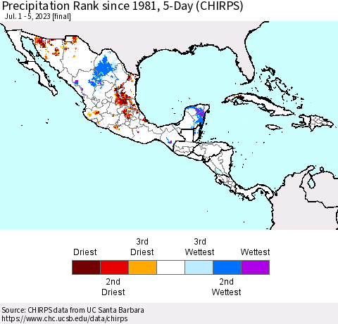 Mexico Central America and the Caribbean Precipitation Rank since 1981, 5-Day (CHIRPS) Thematic Map For 7/1/2023 - 7/5/2023