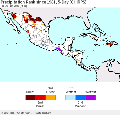 Mexico Central America and the Caribbean Precipitation Rank since 1981, 5-Day (CHIRPS) Thematic Map For 7/6/2023 - 7/10/2023