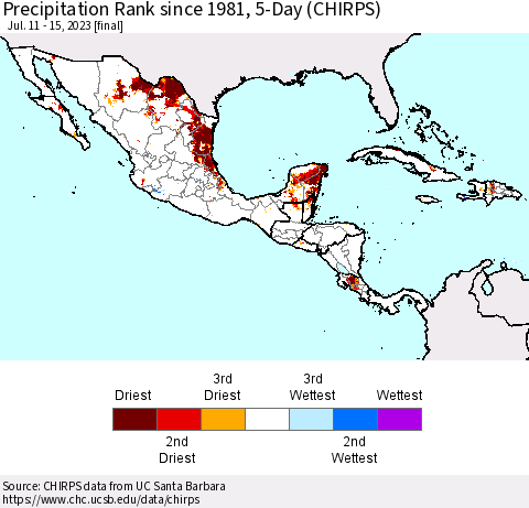Mexico Central America and the Caribbean Precipitation Rank since 1981, 5-Day (CHIRPS) Thematic Map For 7/11/2023 - 7/15/2023
