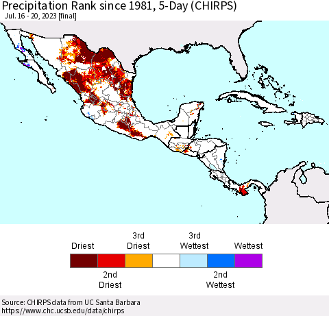 Mexico Central America and the Caribbean Precipitation Rank since 1981, 5-Day (CHIRPS) Thematic Map For 7/16/2023 - 7/20/2023