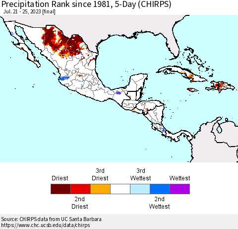 Mexico Central America and the Caribbean Precipitation Rank since 1981, 5-Day (CHIRPS) Thematic Map For 7/21/2023 - 7/25/2023
