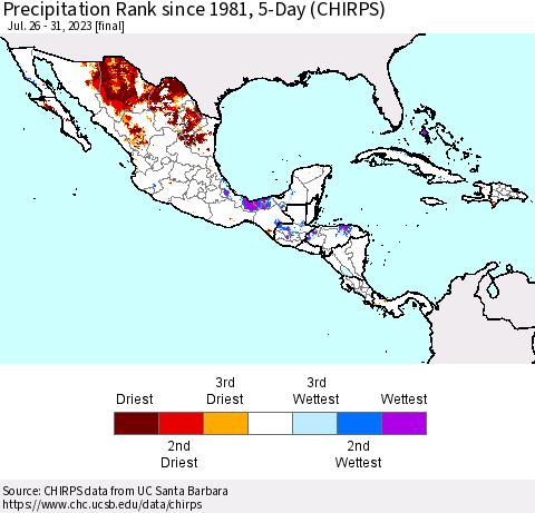 Mexico Central America and the Caribbean Precipitation Rank since 1981, 5-Day (CHIRPS) Thematic Map For 7/26/2023 - 7/31/2023