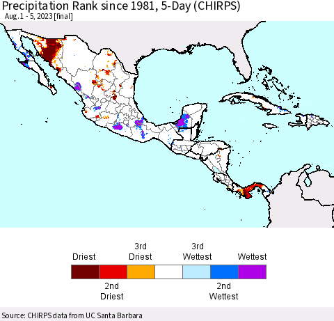 Mexico Central America and the Caribbean Precipitation Rank since 1981, 5-Day (CHIRPS) Thematic Map For 8/1/2023 - 8/5/2023