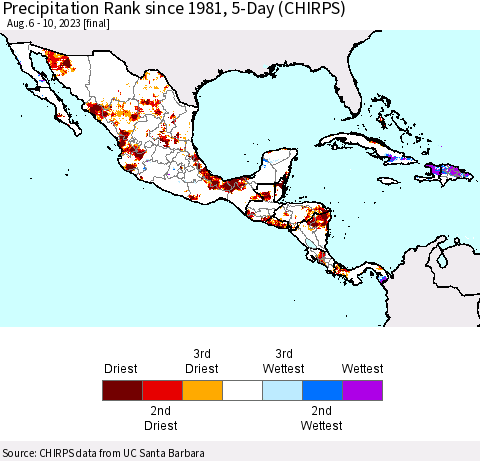 Mexico Central America and the Caribbean Precipitation Rank since 1981, 5-Day (CHIRPS) Thematic Map For 8/6/2023 - 8/10/2023