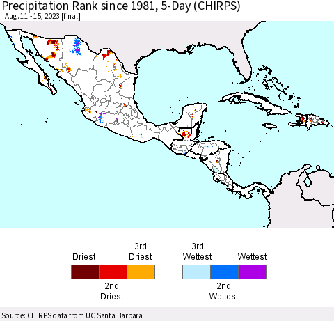 Mexico Central America and the Caribbean Precipitation Rank since 1981, 5-Day (CHIRPS) Thematic Map For 8/11/2023 - 8/15/2023