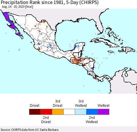 Mexico Central America and the Caribbean Precipitation Rank since 1981, 5-Day (CHIRPS) Thematic Map For 8/16/2023 - 8/20/2023