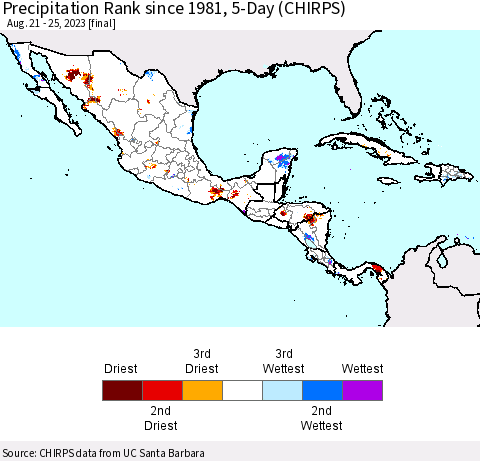 Mexico Central America and the Caribbean Precipitation Rank since 1981, 5-Day (CHIRPS) Thematic Map For 8/21/2023 - 8/25/2023