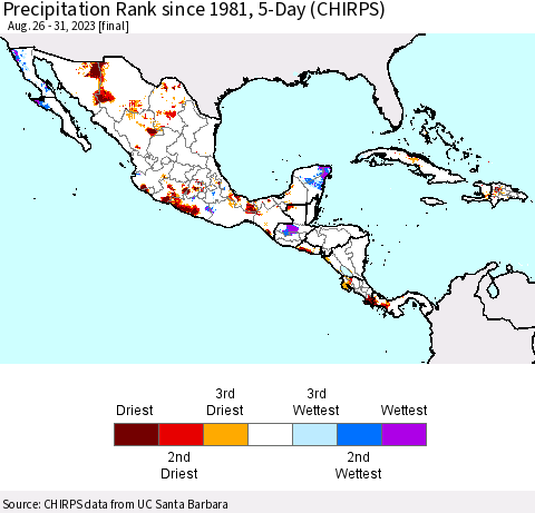 Mexico Central America and the Caribbean Precipitation Rank since 1981, 5-Day (CHIRPS) Thematic Map For 8/26/2023 - 8/31/2023