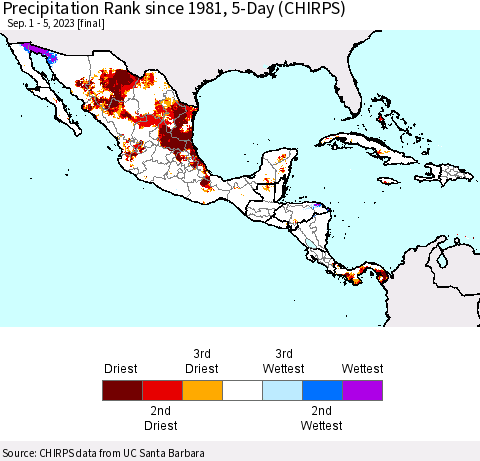 Mexico Central America and the Caribbean Precipitation Rank since 1981, 5-Day (CHIRPS) Thematic Map For 9/1/2023 - 9/5/2023