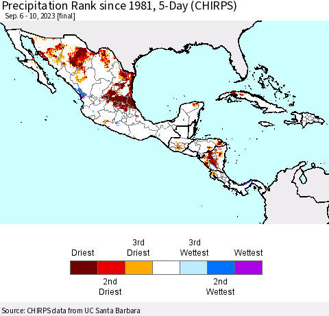Mexico Central America and the Caribbean Precipitation Rank since 1981, 5-Day (CHIRPS) Thematic Map For 9/6/2023 - 9/10/2023