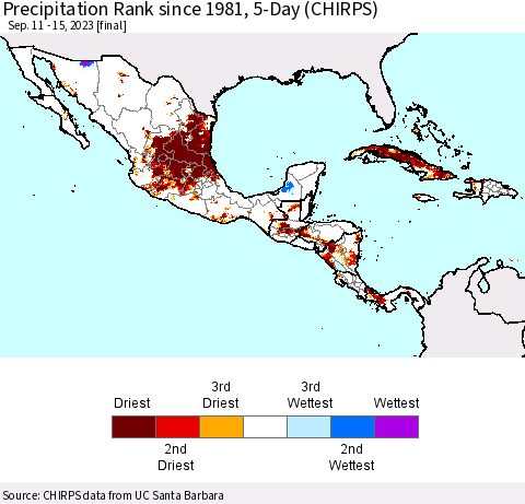 Mexico Central America and the Caribbean Precipitation Rank since 1981, 5-Day (CHIRPS) Thematic Map For 9/11/2023 - 9/15/2023