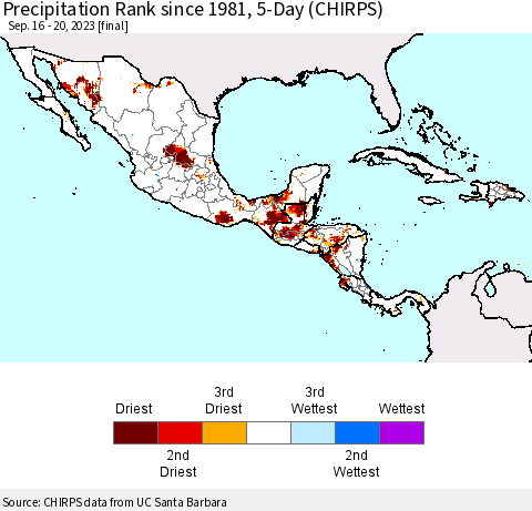 Mexico Central America and the Caribbean Precipitation Rank since 1981, 5-Day (CHIRPS) Thematic Map For 9/16/2023 - 9/20/2023