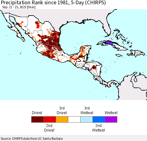Mexico Central America and the Caribbean Precipitation Rank since 1981, 5-Day (CHIRPS) Thematic Map For 9/21/2023 - 9/25/2023