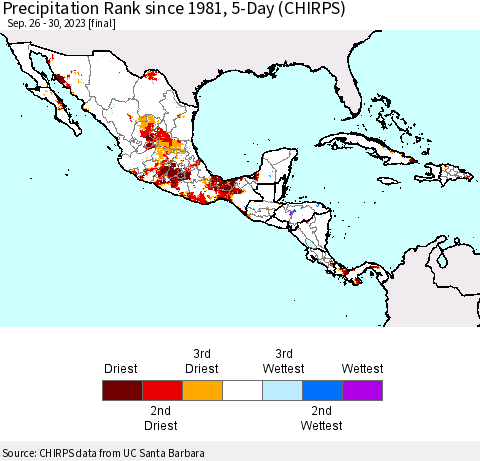 Mexico Central America and the Caribbean Precipitation Rank since 1981, 5-Day (CHIRPS) Thematic Map For 9/26/2023 - 9/30/2023