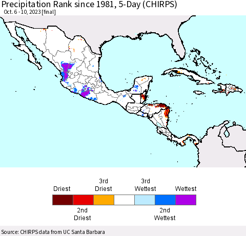 Mexico Central America and the Caribbean Precipitation Rank since 1981, 5-Day (CHIRPS) Thematic Map For 10/6/2023 - 10/10/2023