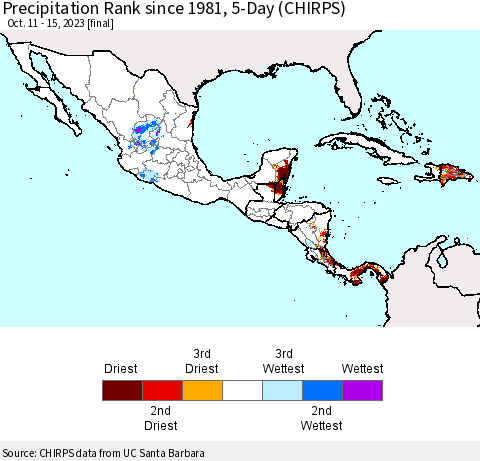 Mexico Central America and the Caribbean Precipitation Rank since 1981, 5-Day (CHIRPS) Thematic Map For 10/11/2023 - 10/15/2023