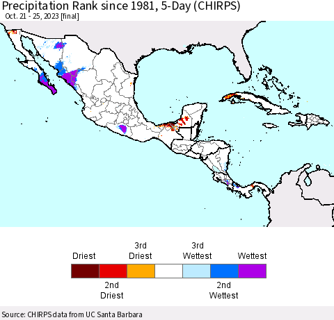 Mexico Central America and the Caribbean Precipitation Rank since 1981, 5-Day (CHIRPS) Thematic Map For 10/21/2023 - 10/25/2023