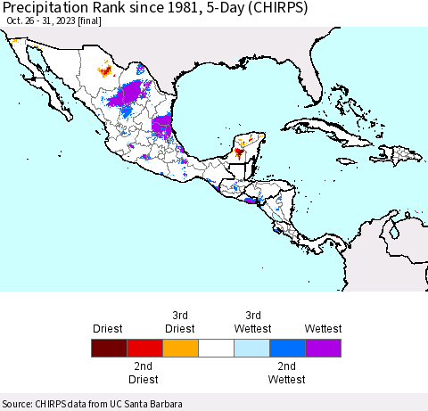 Mexico Central America and the Caribbean Precipitation Rank since 1981, 5-Day (CHIRPS) Thematic Map For 10/26/2023 - 10/31/2023