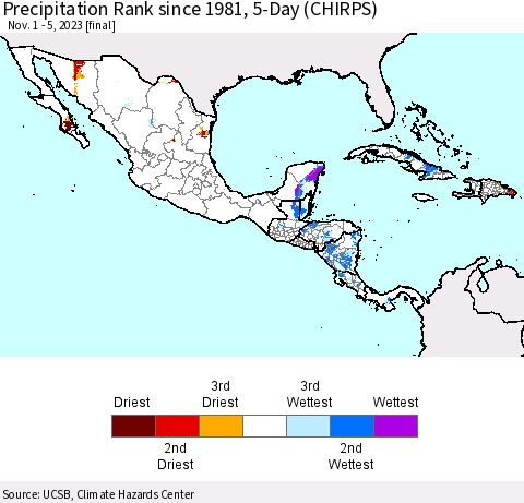 Mexico Central America and the Caribbean Precipitation Rank since 1981, 5-Day (CHIRPS) Thematic Map For 11/1/2023 - 11/5/2023