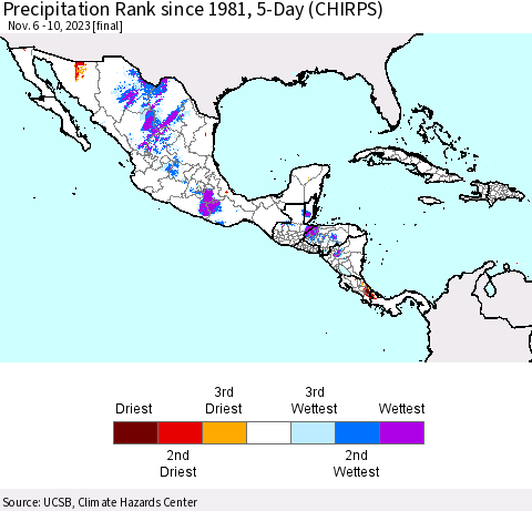 Mexico Central America and the Caribbean Precipitation Rank since 1981, 5-Day (CHIRPS) Thematic Map For 11/6/2023 - 11/10/2023