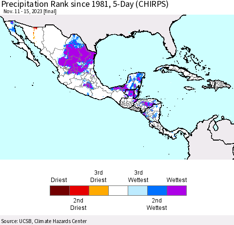 Mexico Central America and the Caribbean Precipitation Rank since 1981, 5-Day (CHIRPS) Thematic Map For 11/11/2023 - 11/15/2023
