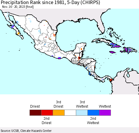 Mexico Central America and the Caribbean Precipitation Rank since 1981, 5-Day (CHIRPS) Thematic Map For 11/16/2023 - 11/20/2023