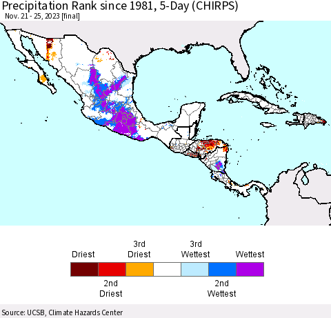 Mexico Central America and the Caribbean Precipitation Rank since 1981, 5-Day (CHIRPS) Thematic Map For 11/21/2023 - 11/25/2023