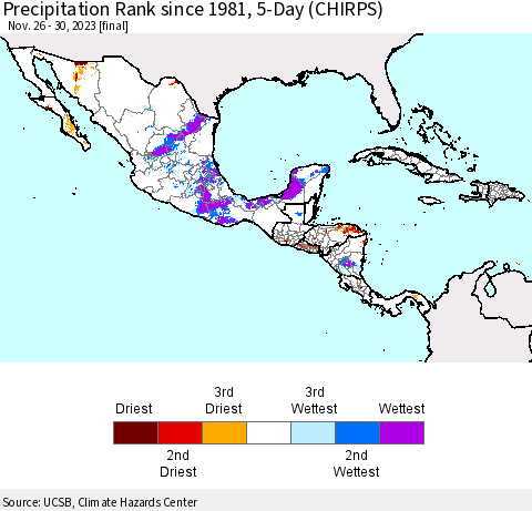 Mexico Central America and the Caribbean Precipitation Rank since 1981, 5-Day (CHIRPS) Thematic Map For 11/26/2023 - 11/30/2023