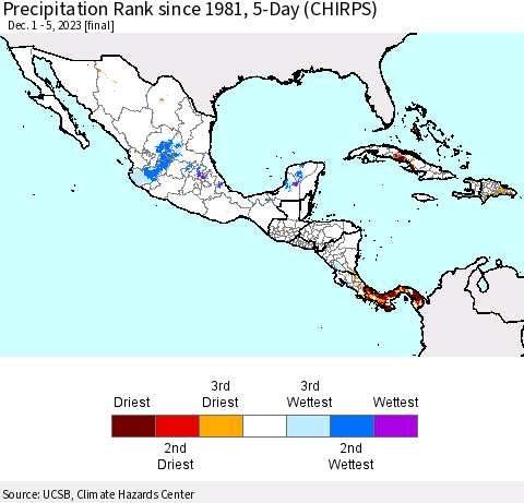 Mexico Central America and the Caribbean Precipitation Rank since 1981, 5-Day (CHIRPS) Thematic Map For 12/1/2023 - 12/5/2023