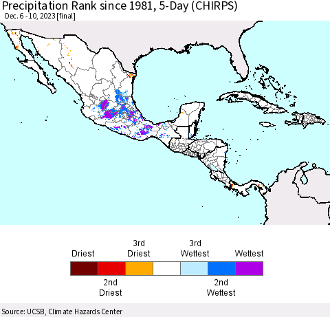 Mexico Central America and the Caribbean Precipitation Rank since 1981, 5-Day (CHIRPS) Thematic Map For 12/6/2023 - 12/10/2023